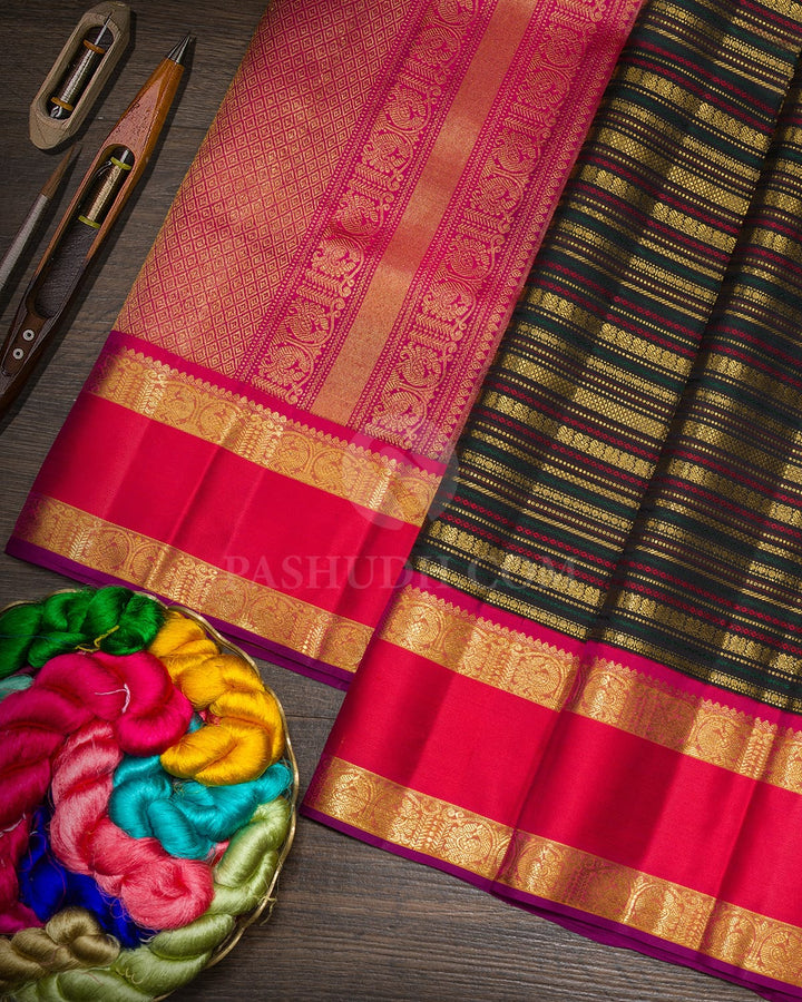 Black With Reddish Pink Retta Petta Border Kanjivaram Silk Saree-S1484(J)