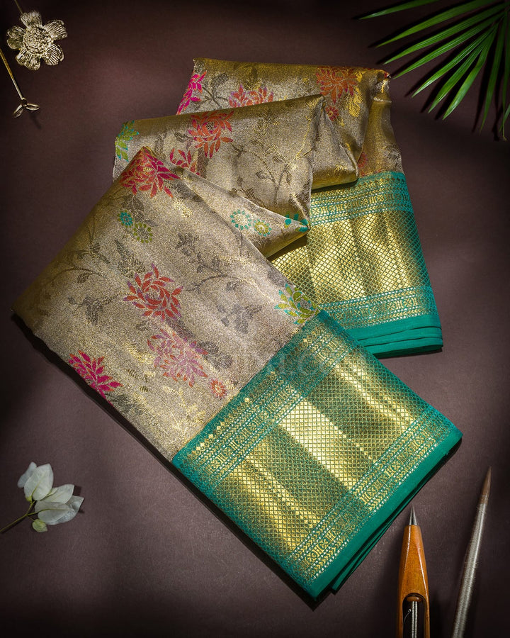 Gold And Silver Zari Tissue Meenakari Kanjivaram Silk Saree-S1861(A)