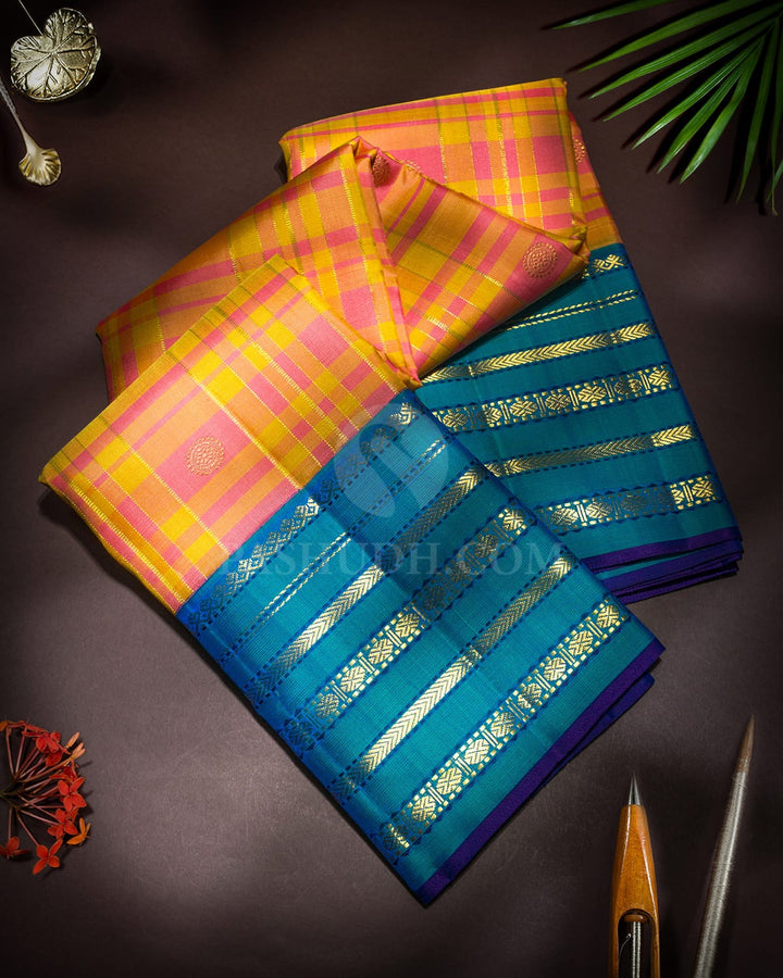 Yellow With Baby Pink Checked Kanjivaram Silk Saree-S1868(A)