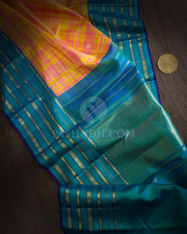Yellow With Baby Pink Checked Kanjivaram Silk Saree-S1868(A)