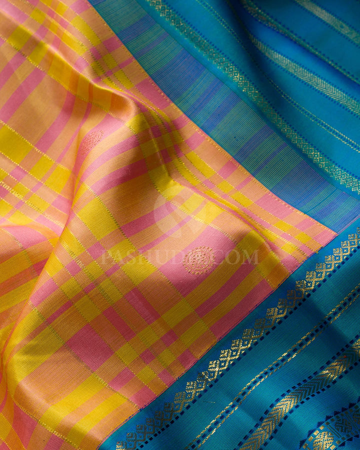 Yellow With Baby Pink Checked Kanjivaram Silk Saree-S1868(A)