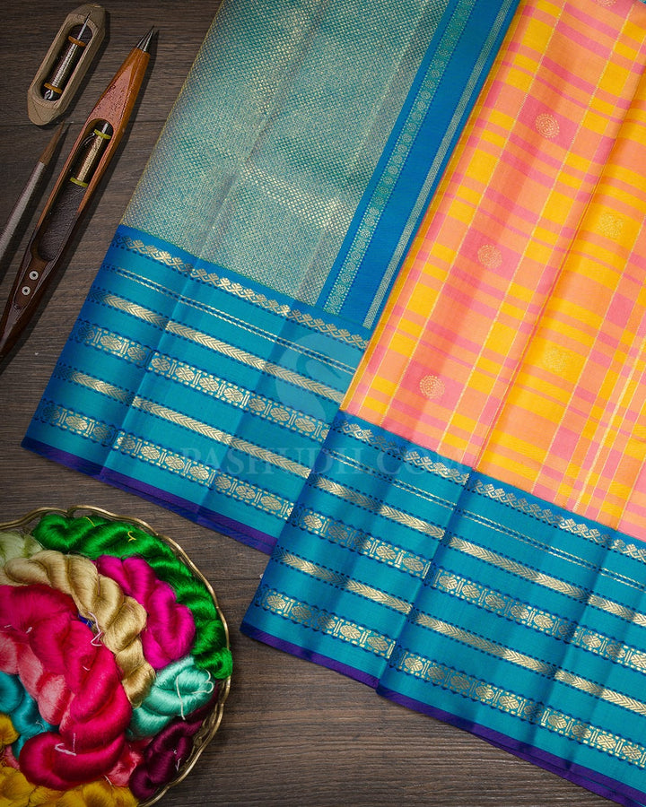 Yellow With Baby Pink Checked Kanjivaram Silk Saree-S1868(A)