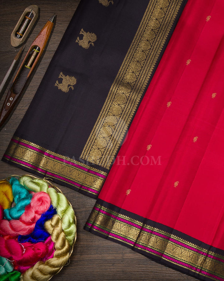 Red With Black Pure Zari Traditional Kanjivaram Silk Saree-SP507