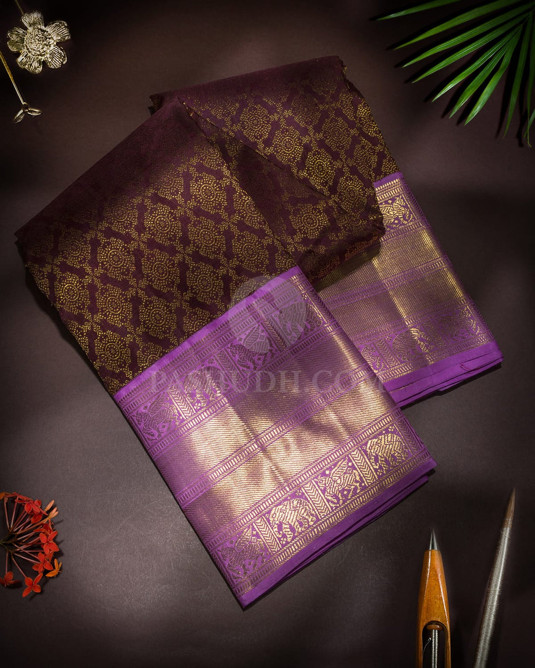 Dark Brown With Lavender Kanjivaram Silk Saree-SP500