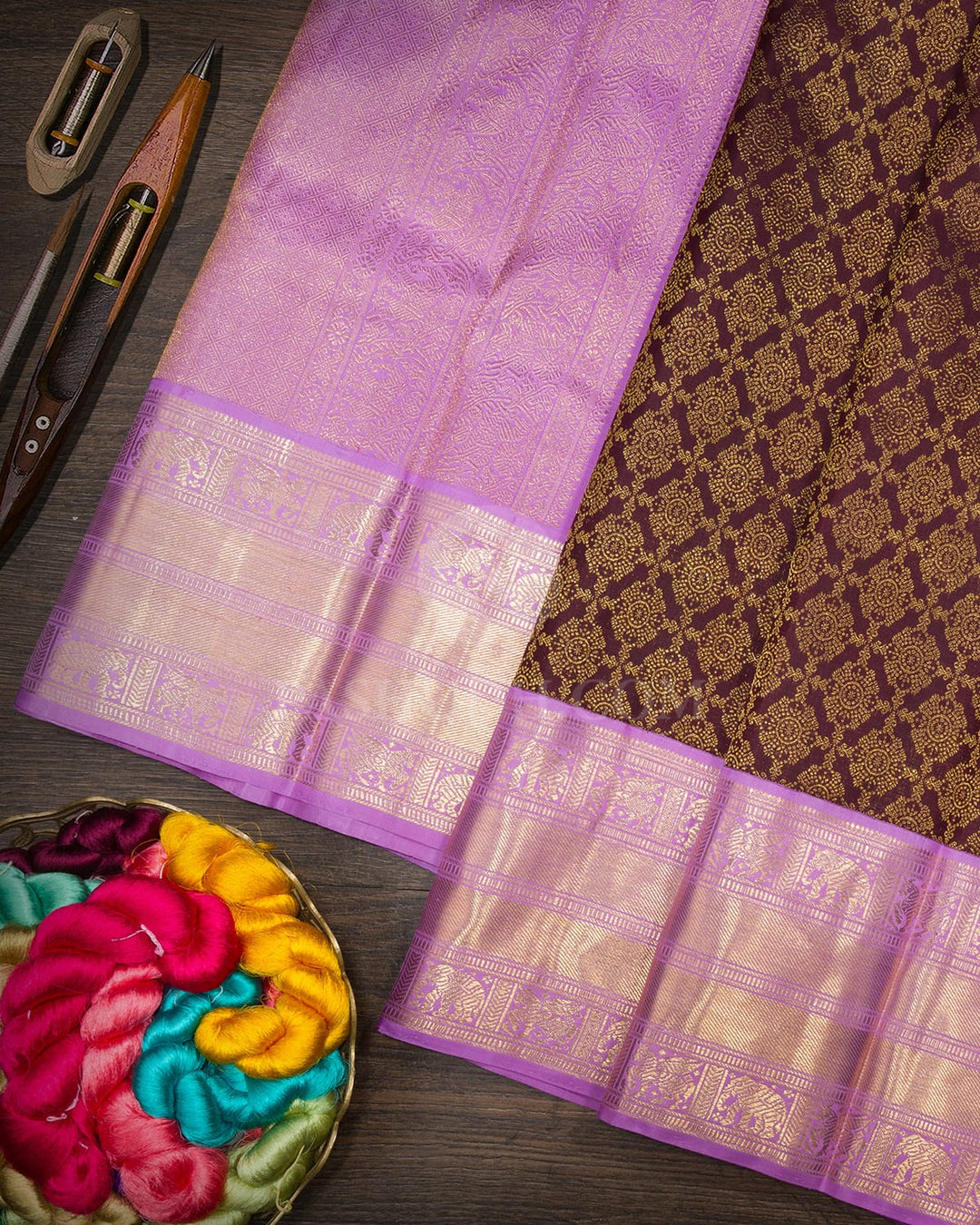Dark Brown With Lavender Kanjivaram Silk Saree-SP500