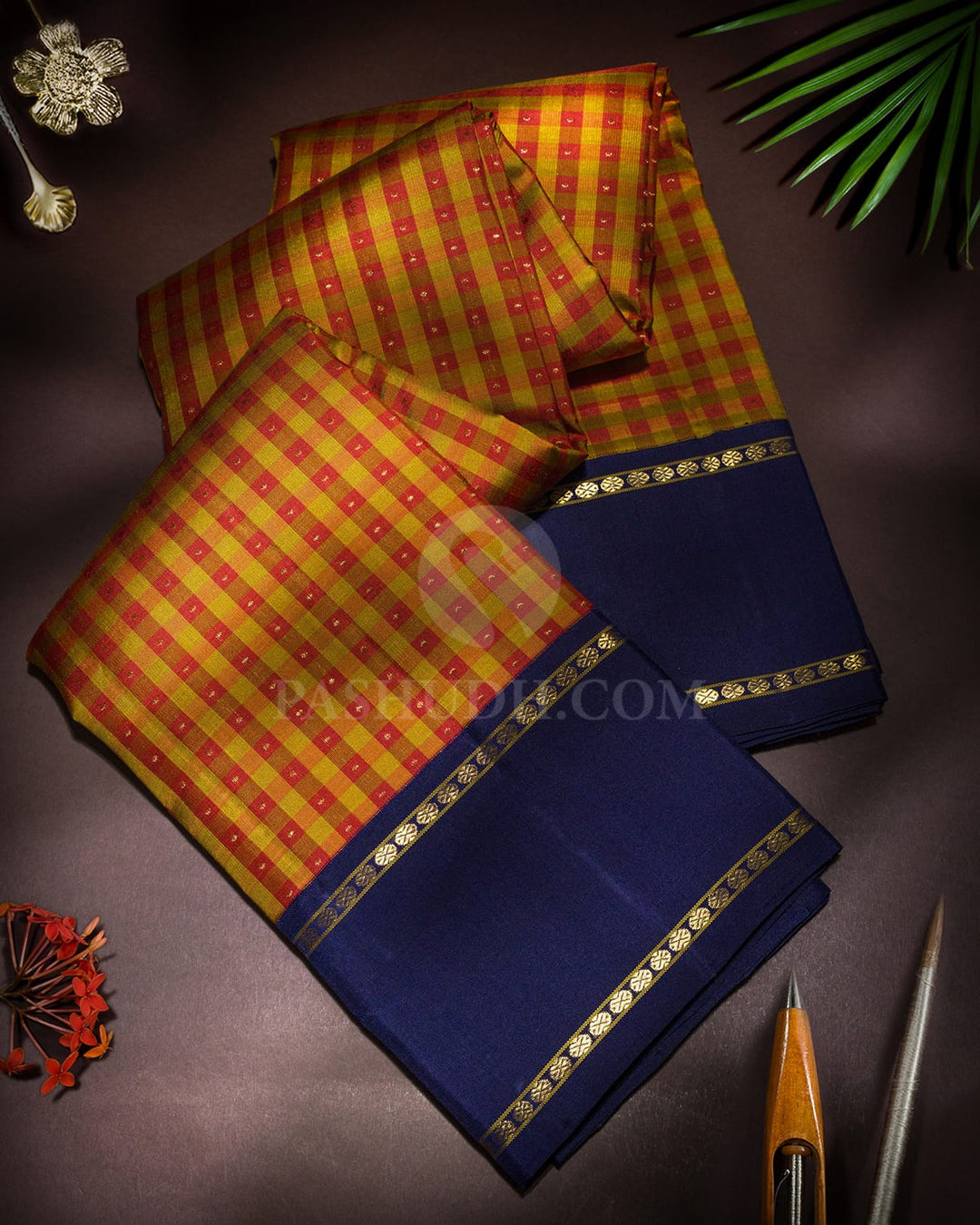 Rust Red With Navy Blue Checks Pure Zari Kanjivaram Silk Saree-SP492