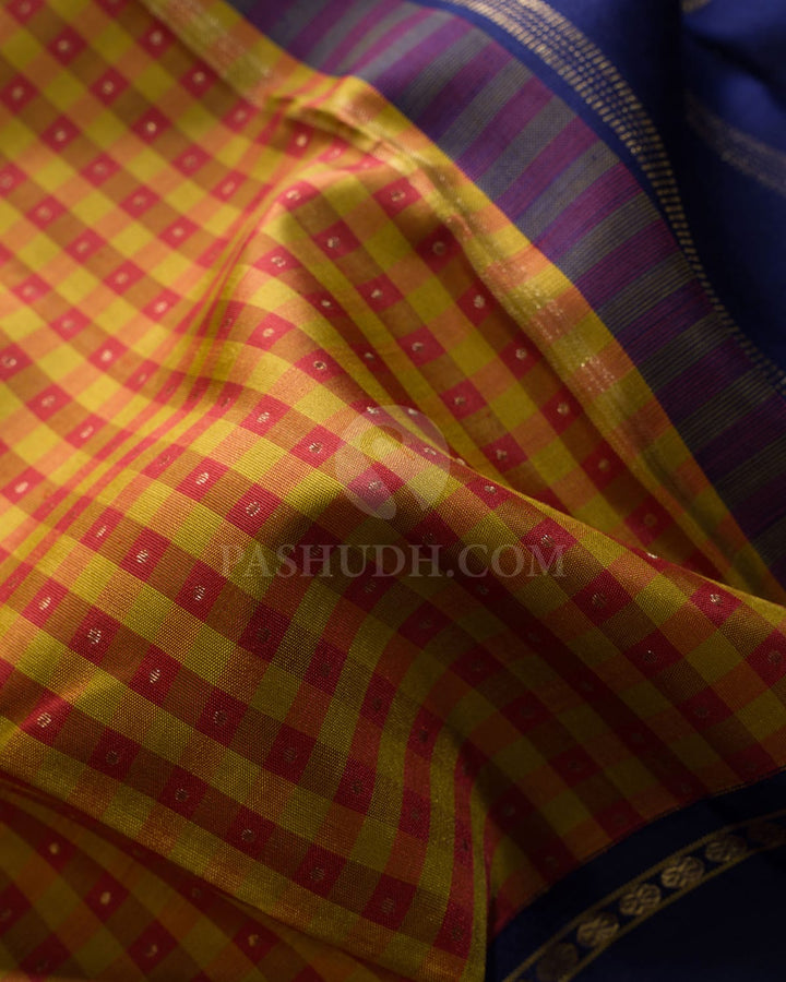 Rust Red With Navy Blue Checks Pure Zari Kanjivaram Silk Saree-SP492