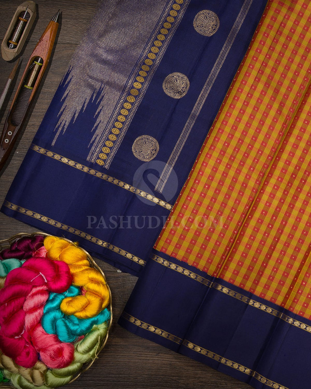 Rust Red With Navy Blue Checks Pure Zari Kanjivaram Silk Saree-SP492
