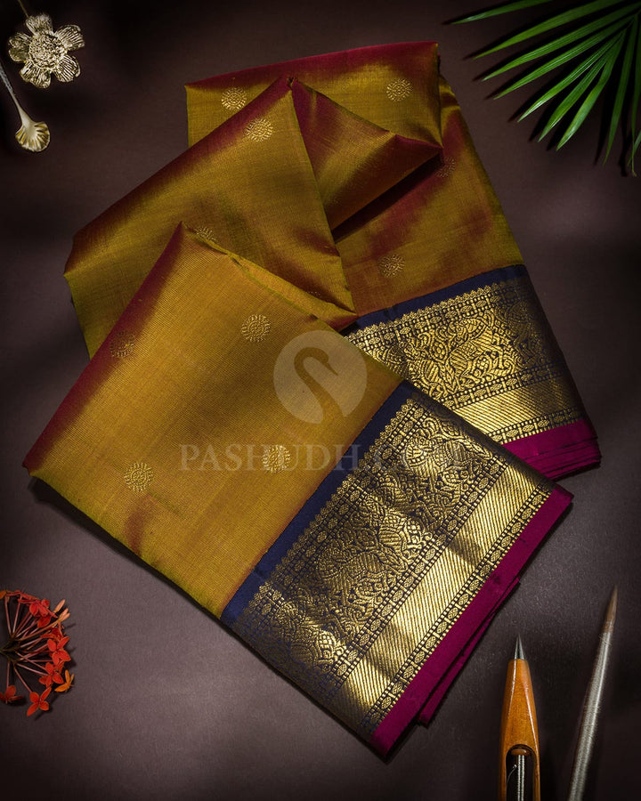 Dual Shaded Fenugreek Pure Zari Traditional Kanjivaram Silk Saree-SP489