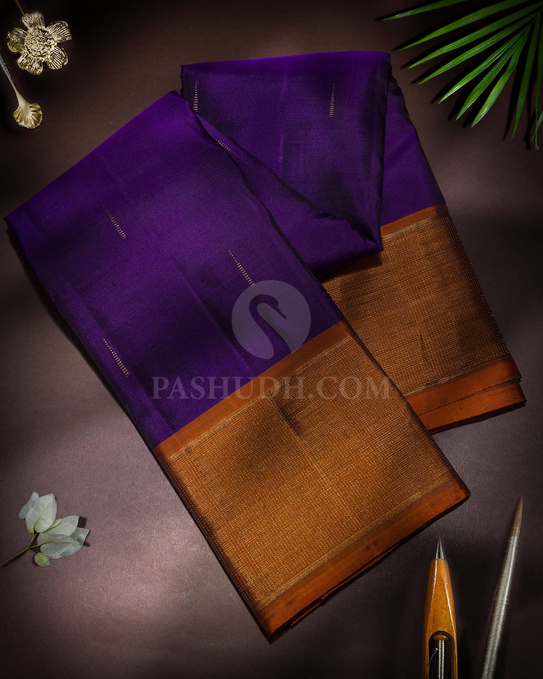 Royal Violet With Rust Orange Pure Zari Kanjivaram Silk Saree-SP483