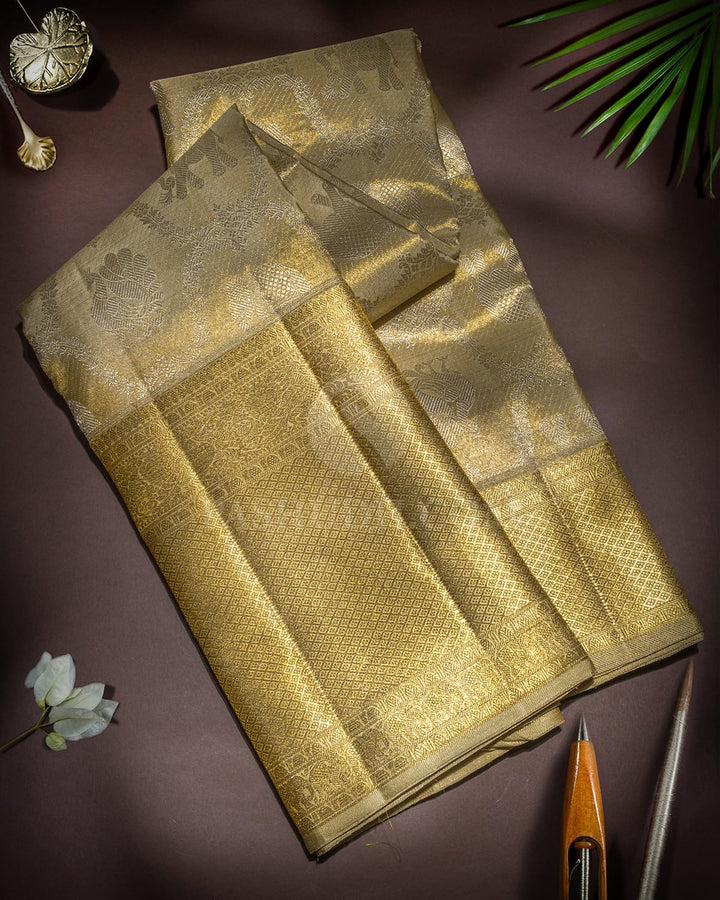 Beige Gold Zari Tissue Kanjivaram Silk Saree-SP518