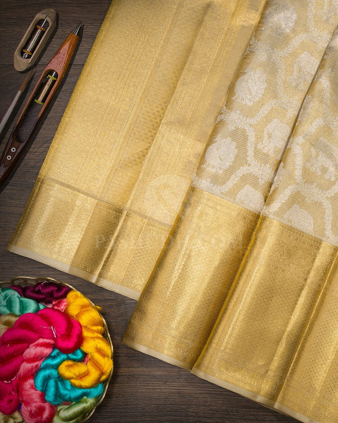 Beige Gold Zari Tissue Kanjivaram Silk Saree-SP518