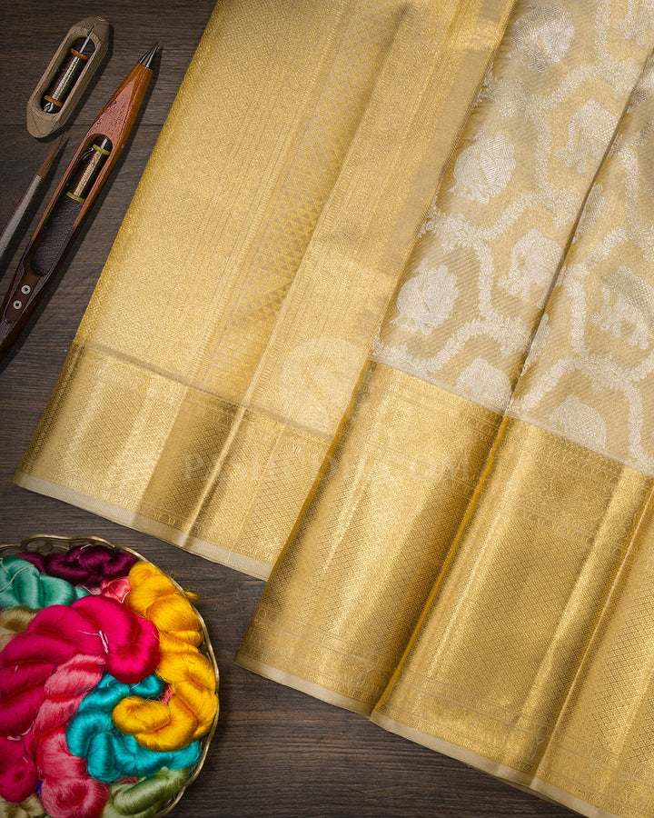 Beige Gold Zari Tissue Kanjivaram Silk Saree-SP518