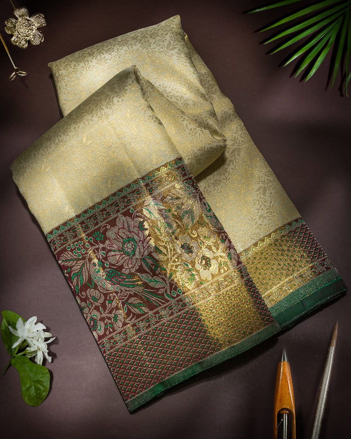 Cream With Gold Zari Tissue Meenakari Kanjivaram Silk Saree-SP517