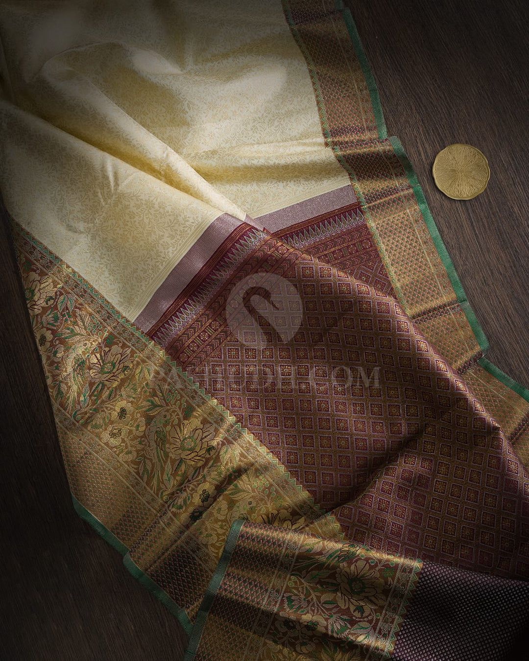 Cream With Gold Zari Tissue Meenakari Kanjivaram Silk Saree-SP517