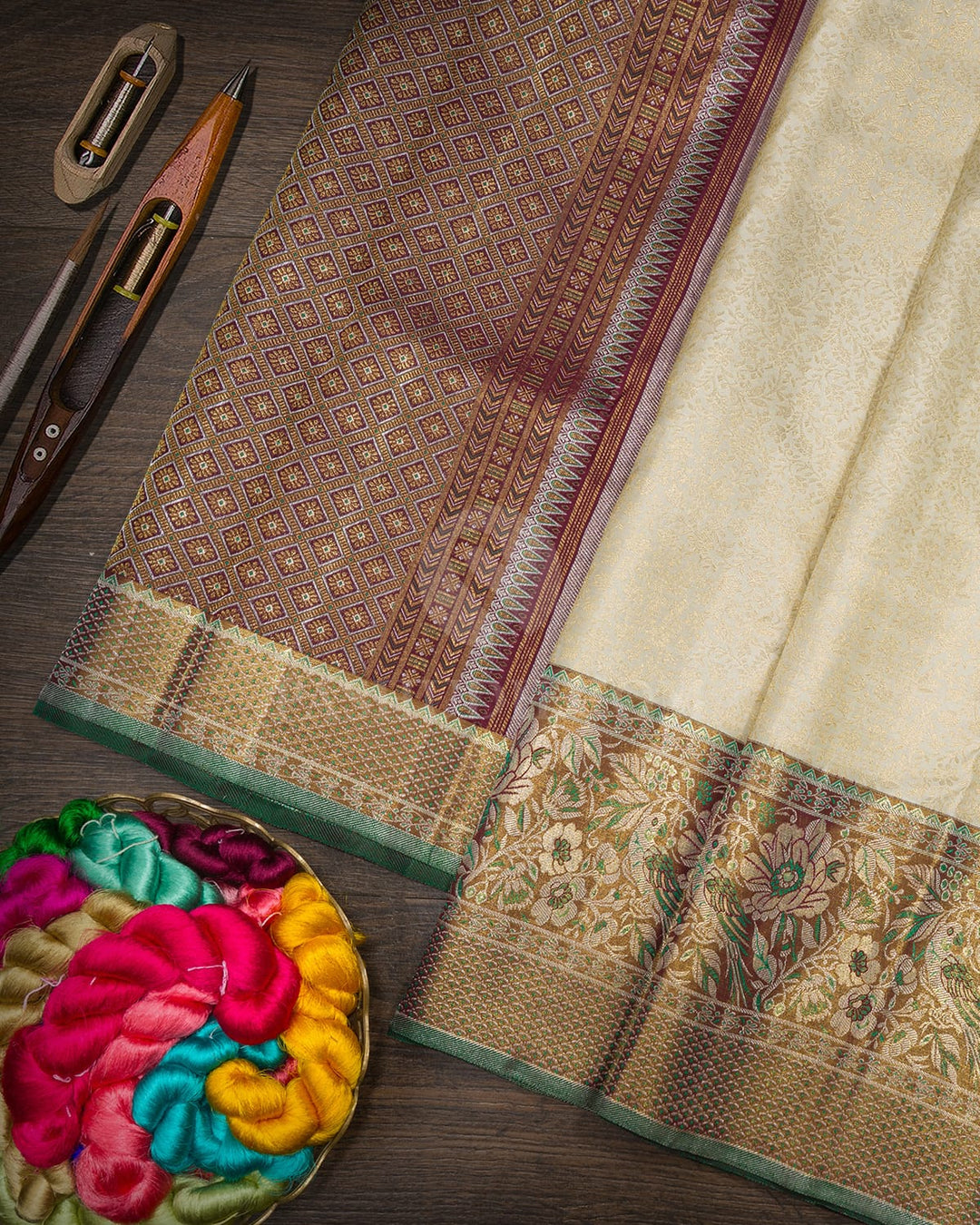 Cream With Gold Zari Tissue Meenakari Kanjivaram Silk Saree-SP517