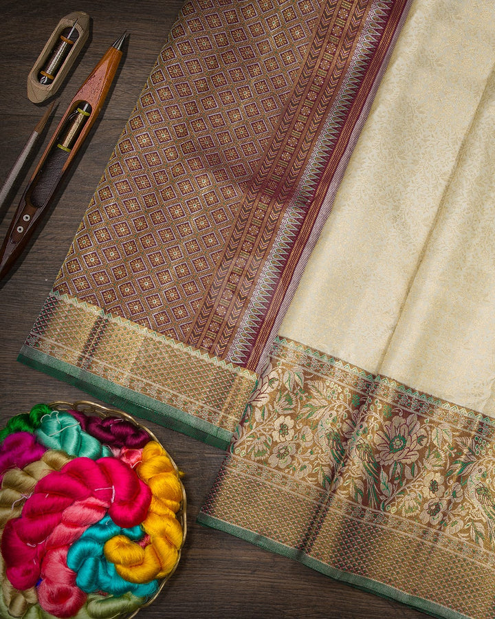 Cream With Gold Zari Tissue Meenakari Kanjivaram Silk Saree-SP517