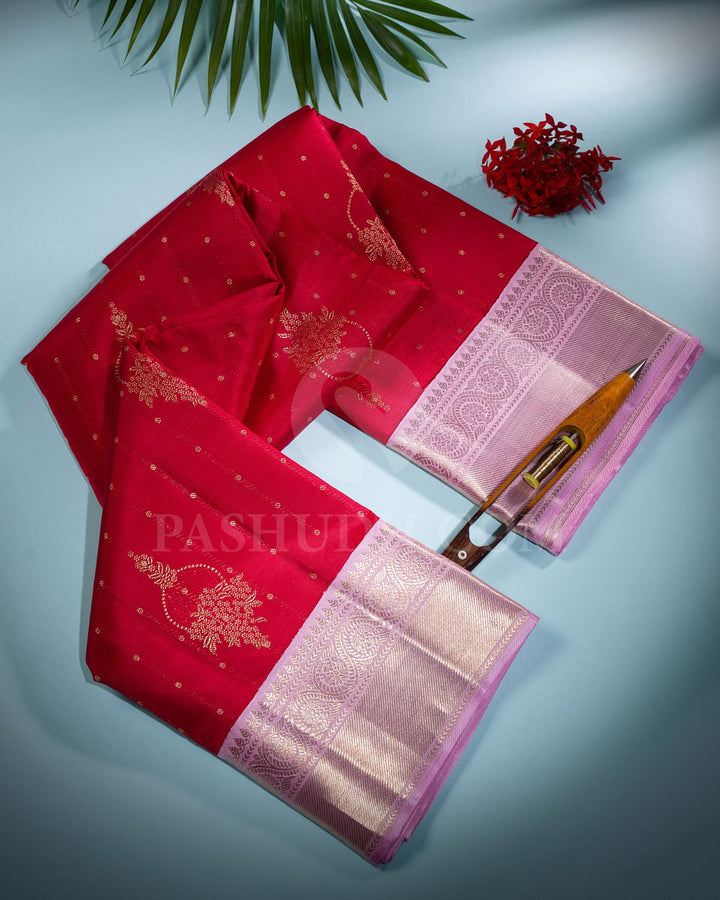 Red & Mild Baby Pink Kanjivaram Silk Saree-S1173(D)