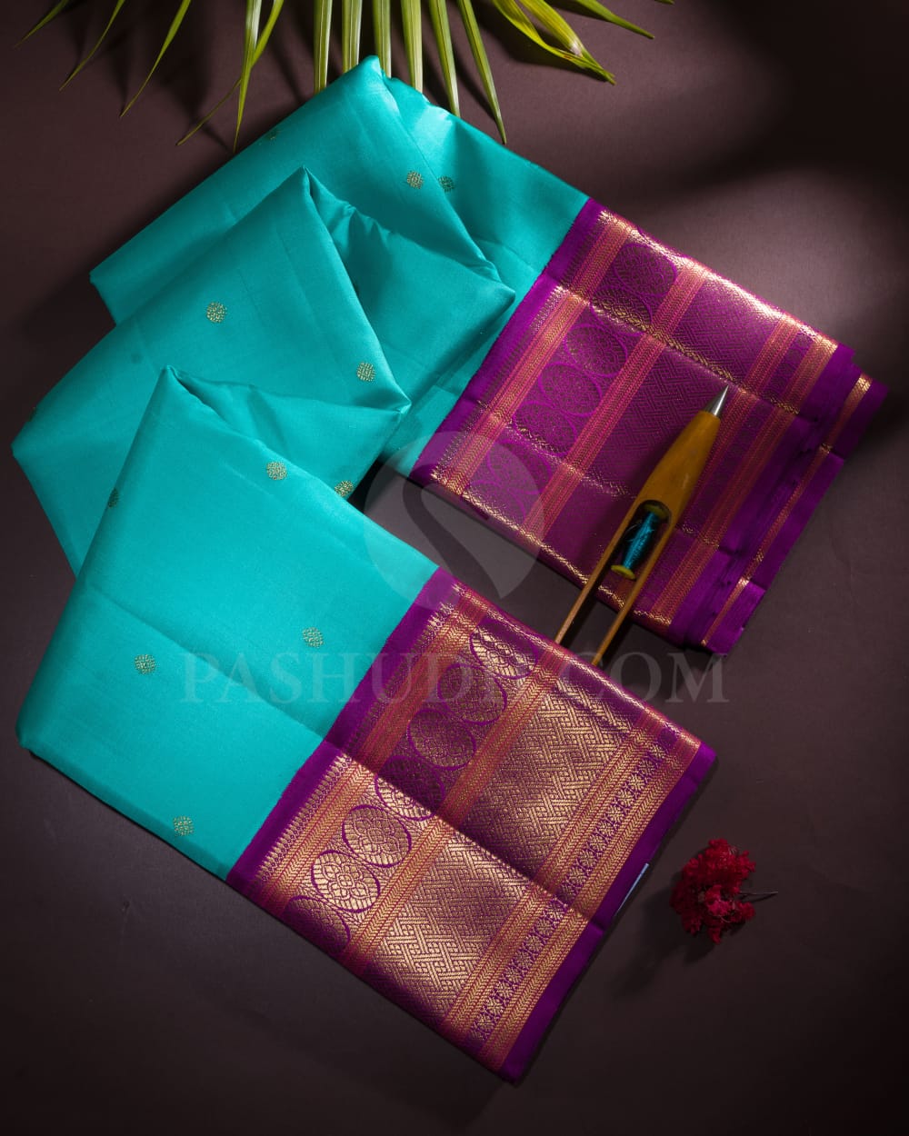 Turquoise Blue With Royal Purple Pure Kanjivaram Silk Saree-SP133