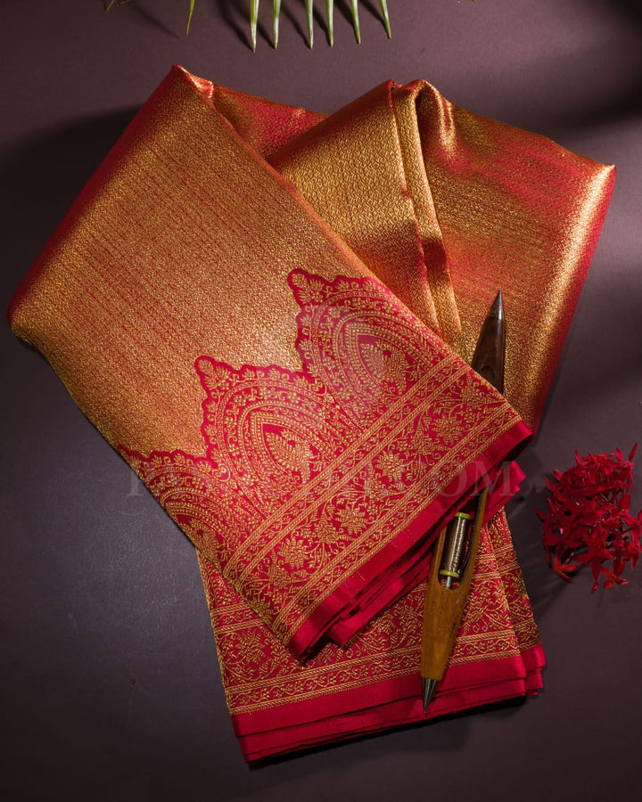 Golden Red Shimmer Bridal Kanjivaram Silk Saree-S1463(A)