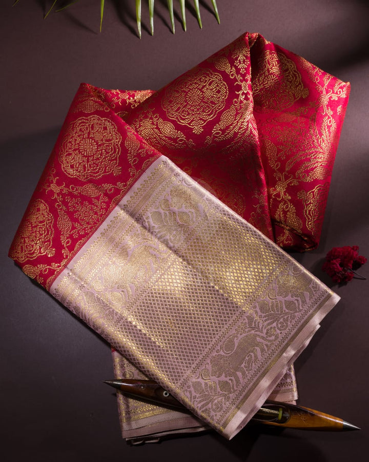 Bright Red And Baby Pink Bridal Pure Kanjivaram Silk Saree-SP99