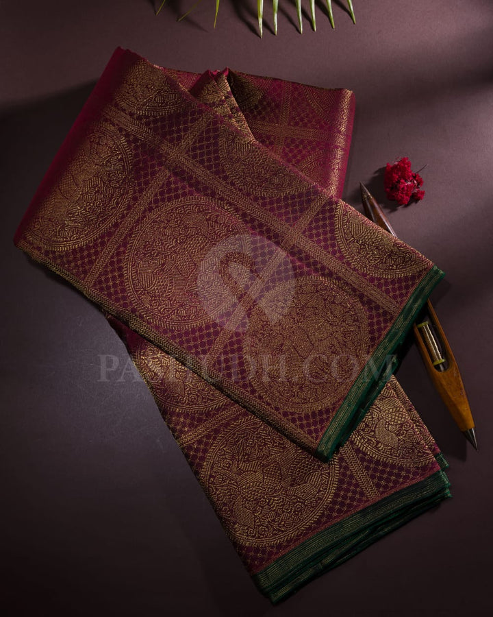 Deep Maroon And Bottle Green Pure Kanjivaram Silk Saree-SP107