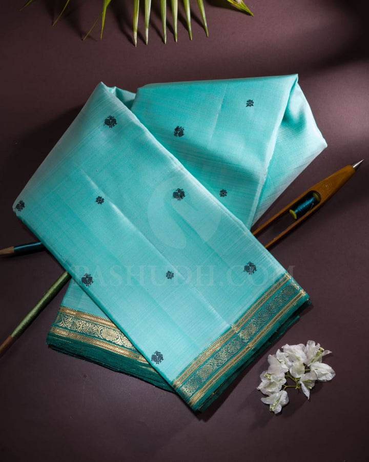 Pastel Teal And Black Pure Kanjivaram Silk Saree-SP128