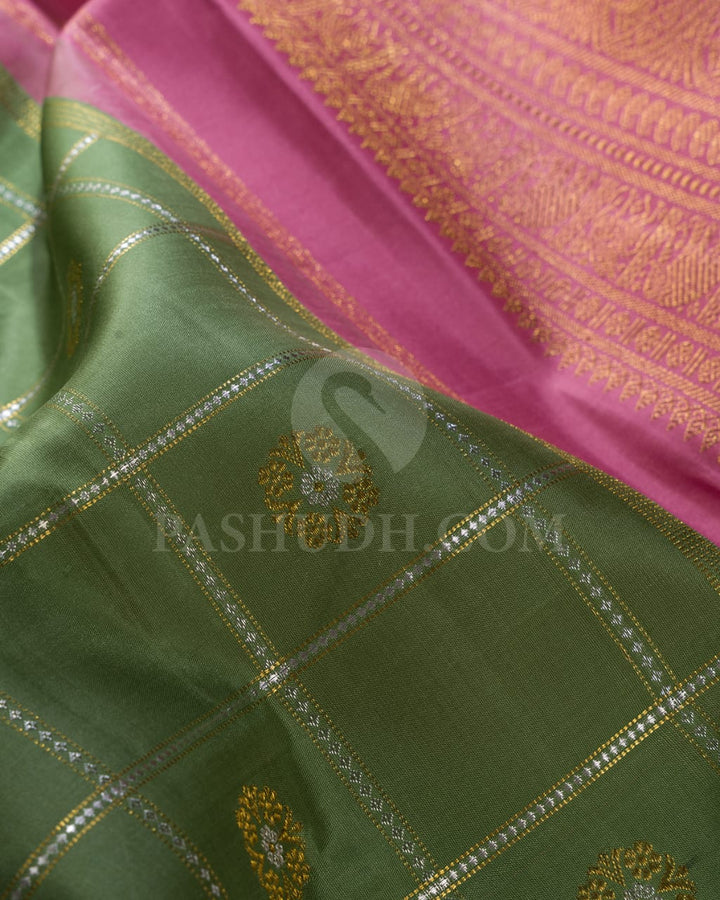Deep Olive Green And Rose Pink Pure Kanjivaram Silk Saree-SP103