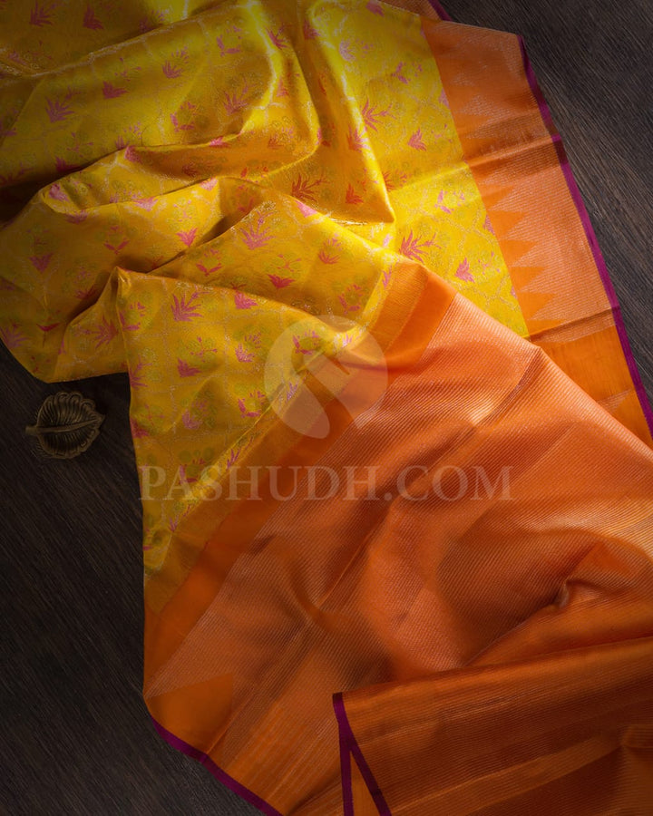 Mustard Yellow With Bright Tangerine Orange Kanjivaram Silk Saree-DJ366(A)