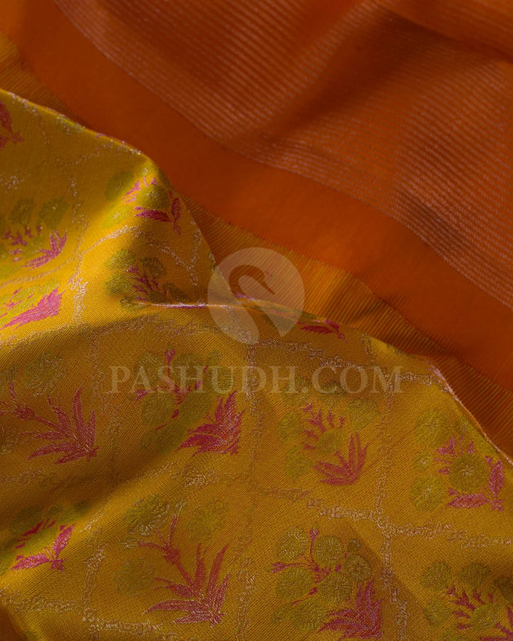 Mustard Yellow With Bright Tangerine Orange Kanjivaram Silk Saree-DJ366(A)