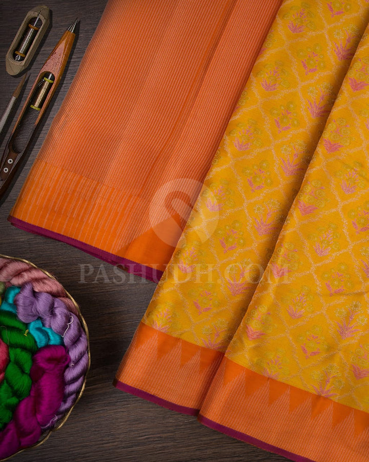 Mustard Yellow With Bright Tangerine Orange Kanjivaram Silk Saree-DJ366(A)