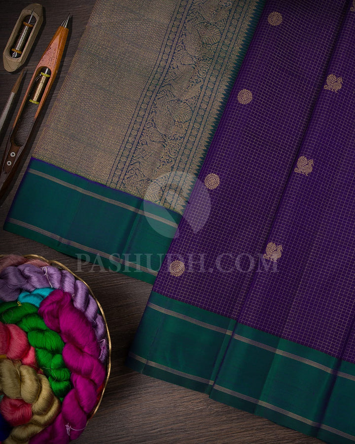 Royal Purple/Indigo With Teal Green Pure Zari Kanjivaram Silk Saree-SP163