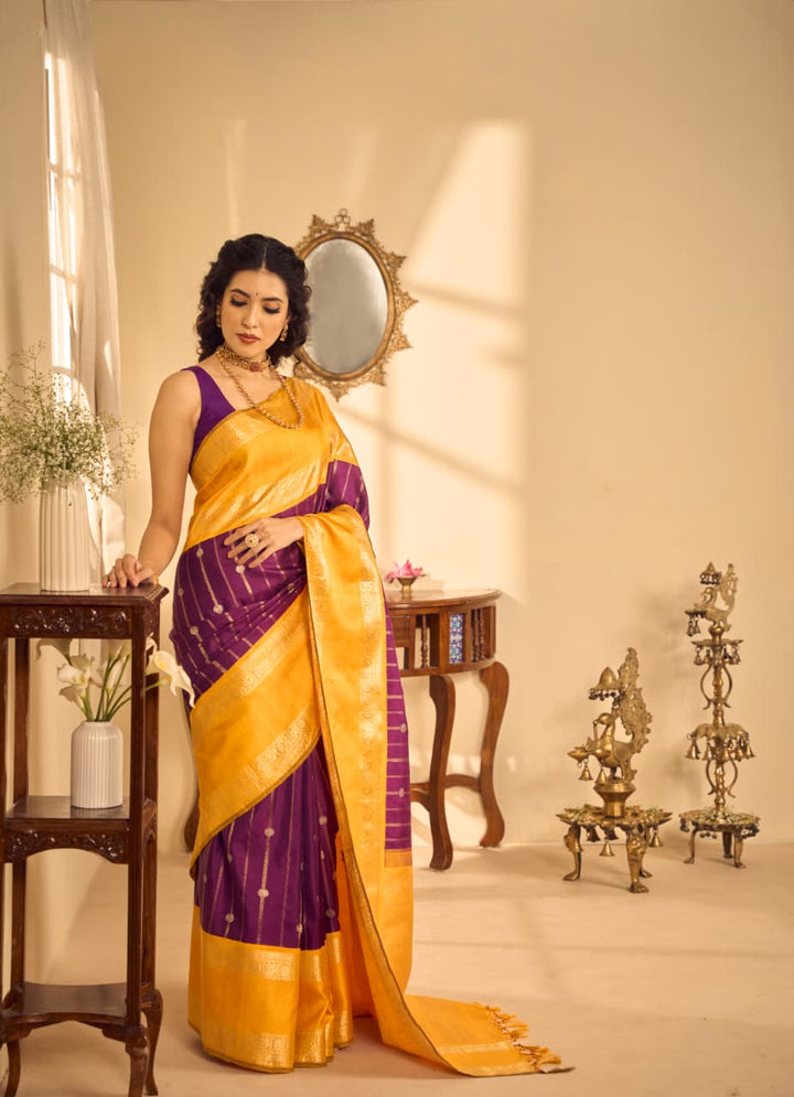 Royal Purple And Golden Marigold Kanjivaram Silk Saree- S1497(A)