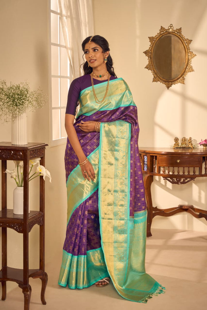 Royal Violet And Aqua Mint Kanjivaram Silk Saree-SP178