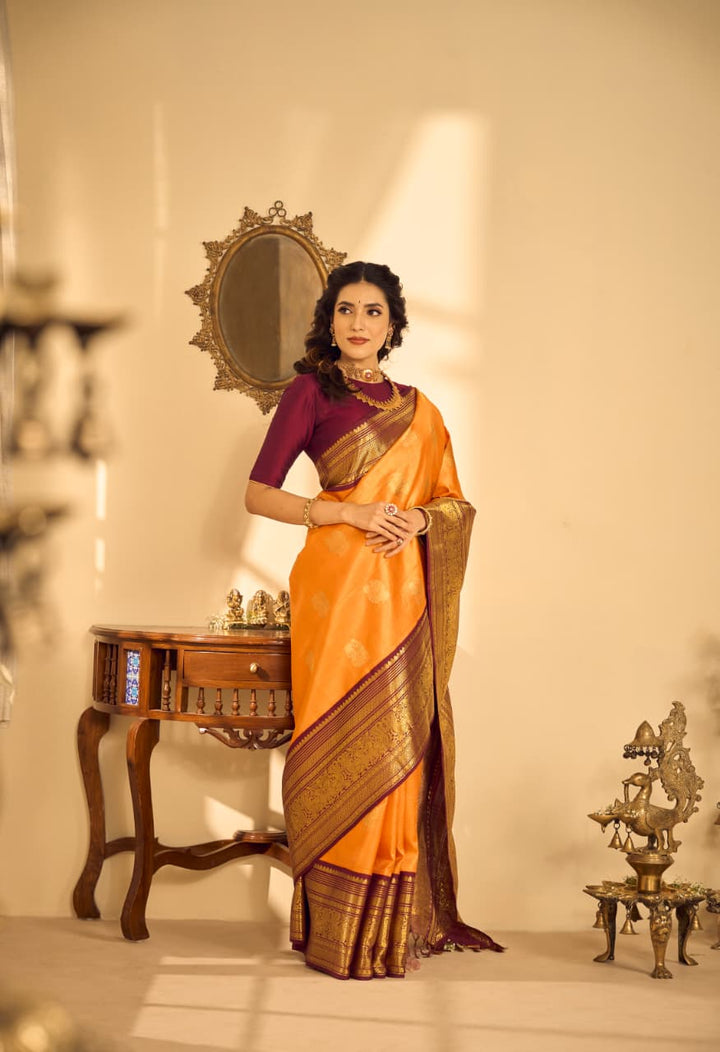 Sunset Orange With Maroon  Kanjivaram Silk Saree-SP154