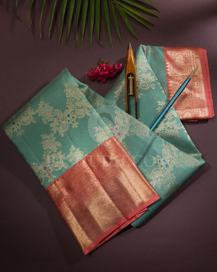 Pastel Teal, Blue And Rust Orange Kanjivaram Silk Saree - S1093(C)