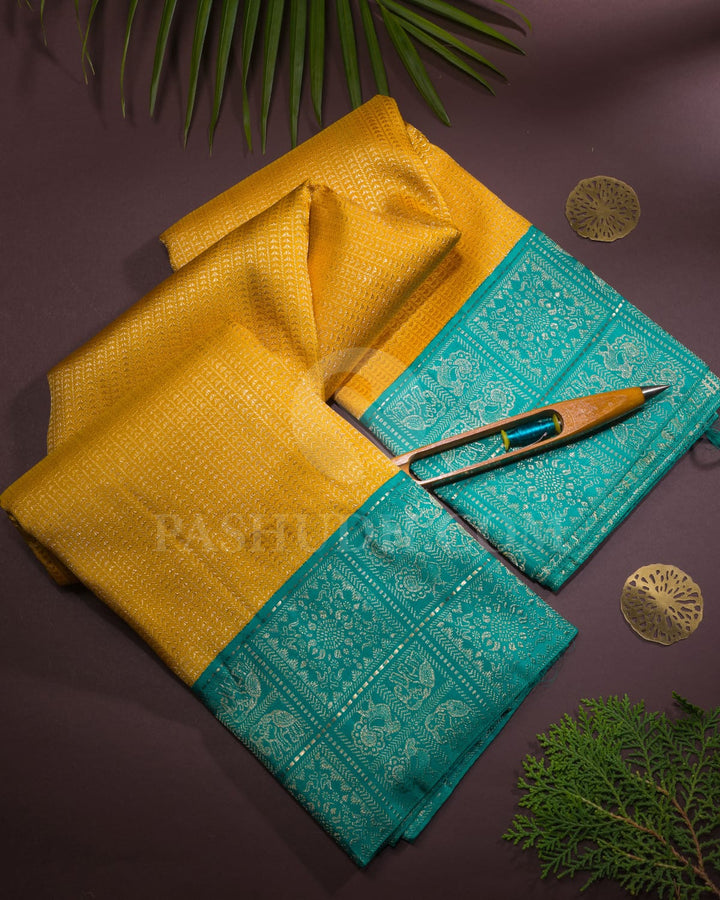 Mango Yellow And Sapphire Green Kanjivaram Silk Saree - S1305(B)