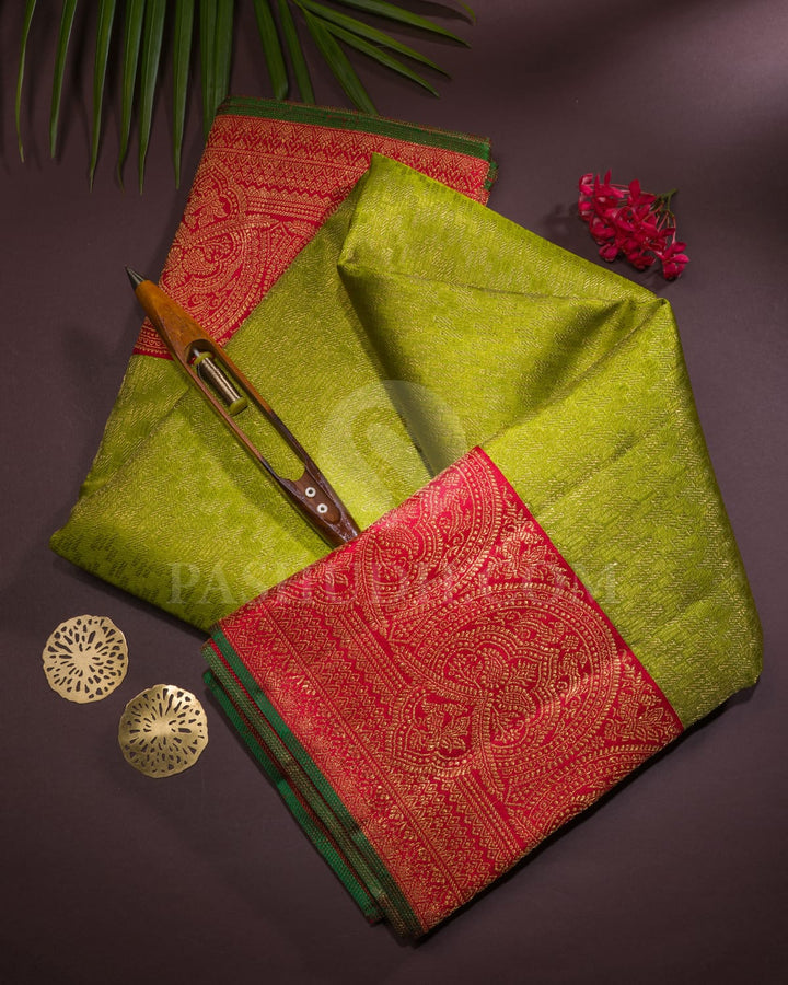 Pear Green and Red Pure Zari Kanjivaram Silk Saree - P175(A)