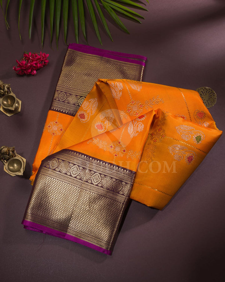 Orange And Deep Brown Pure Zari Kanjivaram Silk Saree - P168(A)