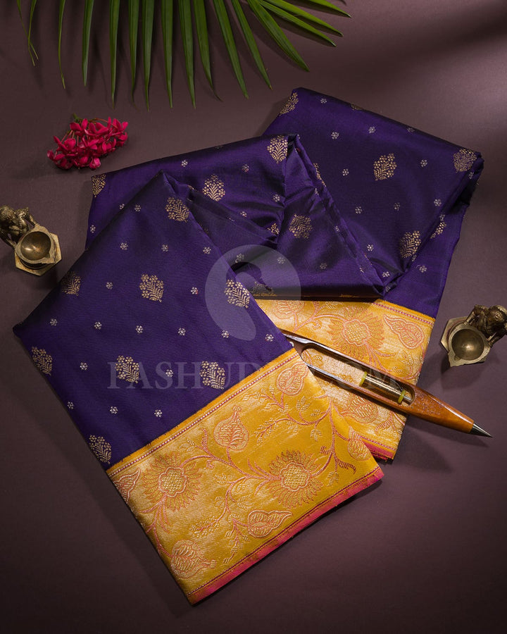 Navy Blue And Mango Yellow Pure Zari Kanjivaram Silk Saree - P171(A)