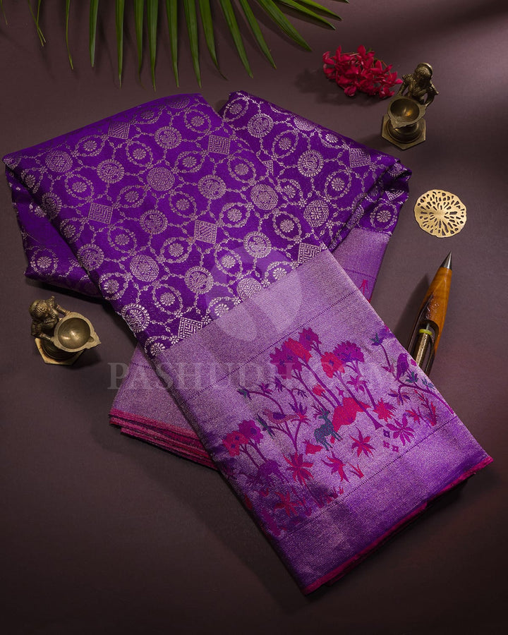 Violet Pure Zari Kanjivaram Silk Saree with Shimmer Paithani Border - P174(A)