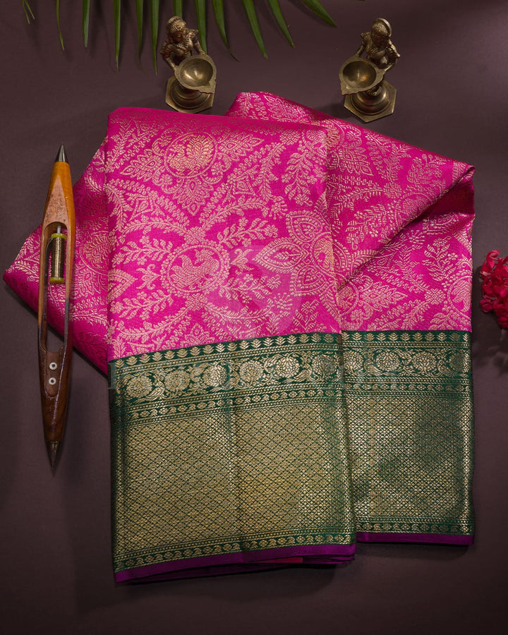 Candy Pink And Forest Green Kanjivaram Silk Saree - S1337(A)