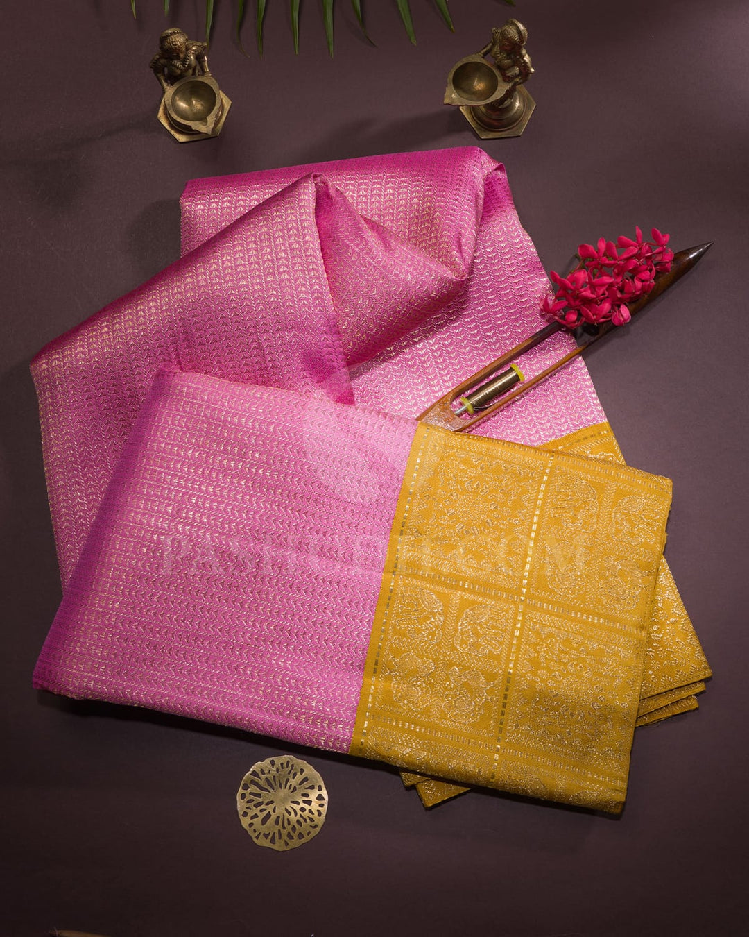 Rose Pink And Tuscany Yellow Kanjivaram Silk Saree - S1305(A)