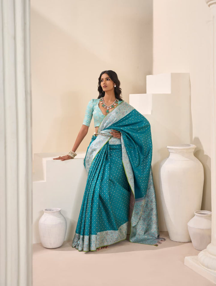 Teal Green With Pastel Green Kanjivaram Silk Saree-DJ364(B)