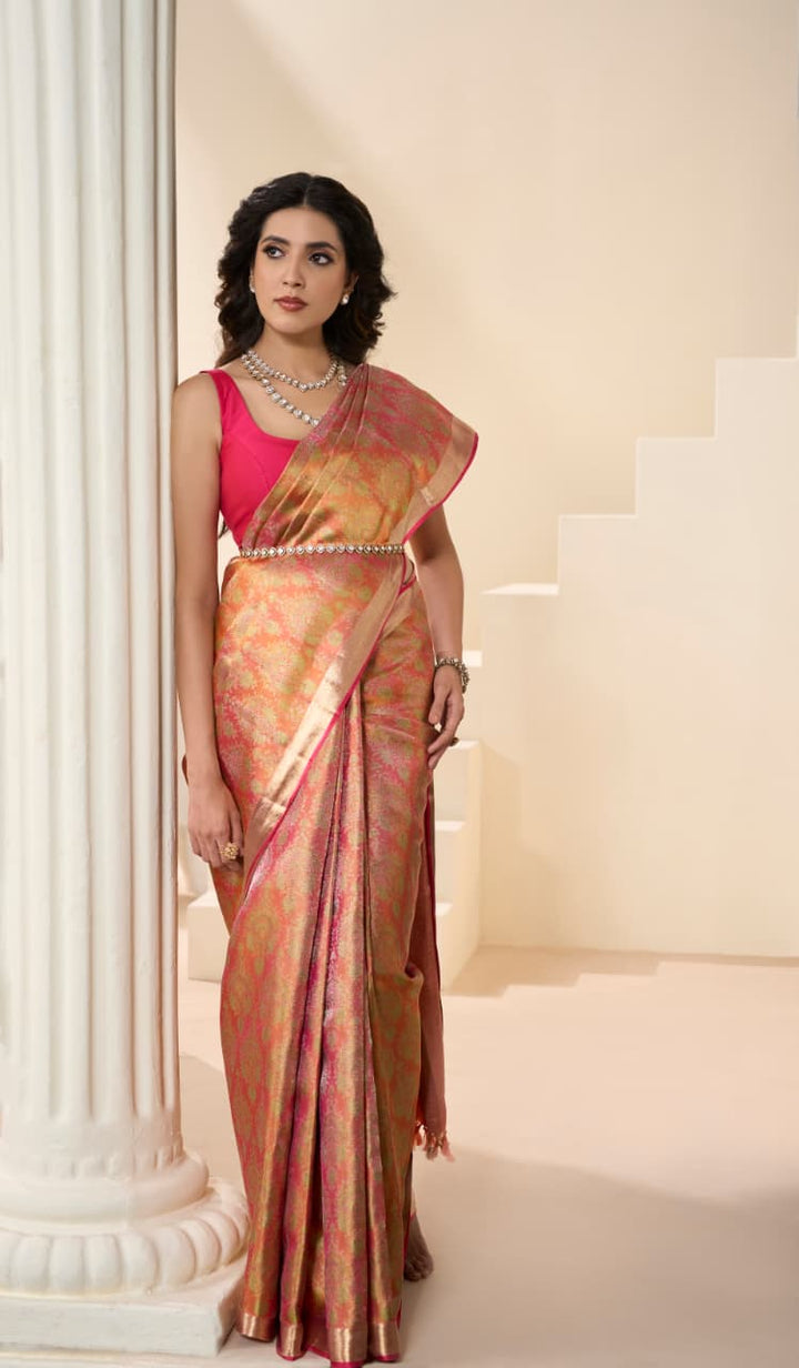 Dual Shaded Rust Orange With Peachy Pink Kanjivaram Silk Saree-DJ362(B)