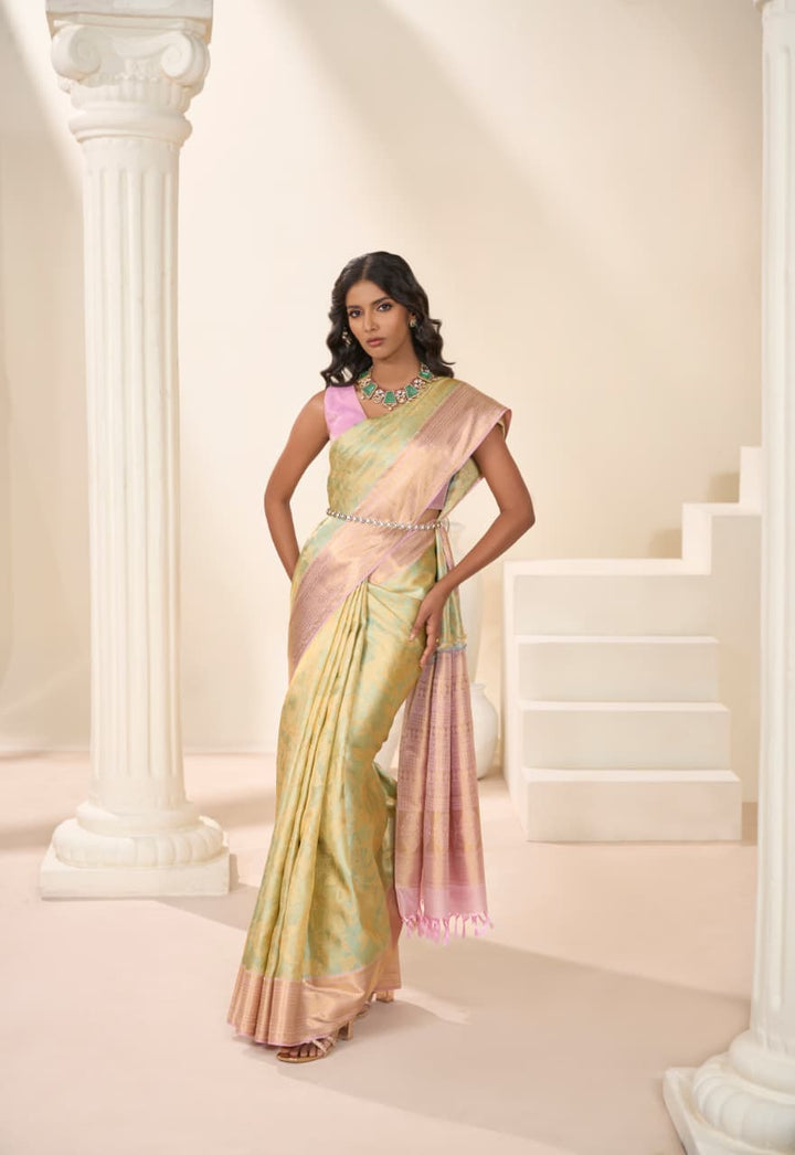 Pista Green With Pastel Lavander Kanjivaram Silk Saree-D519(E)