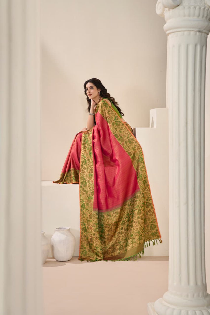 Raspberry Pink With Dual Shaded Green Kanjivaram  Silk Saree-DJ376(A)
