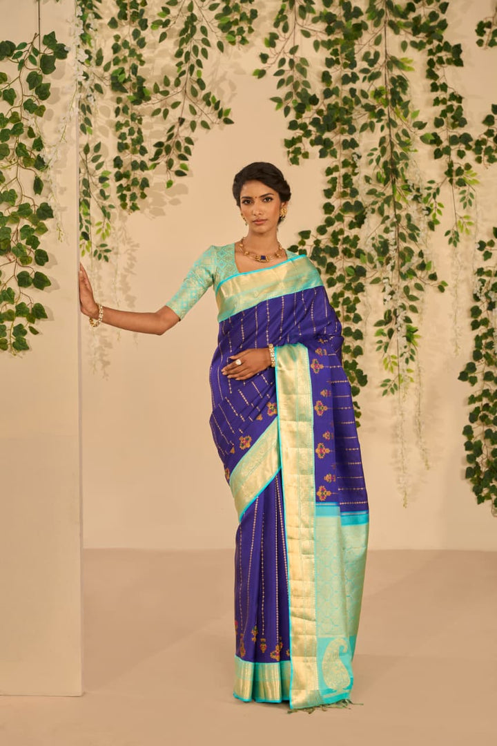 Royal Navy Blue And Aqua Blue Kanjivaram Silk Saree-S1499(A)