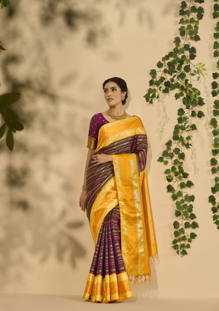 Multi Shade With Mango Yellow Kanjivaram Silk Saree-S1484(B)