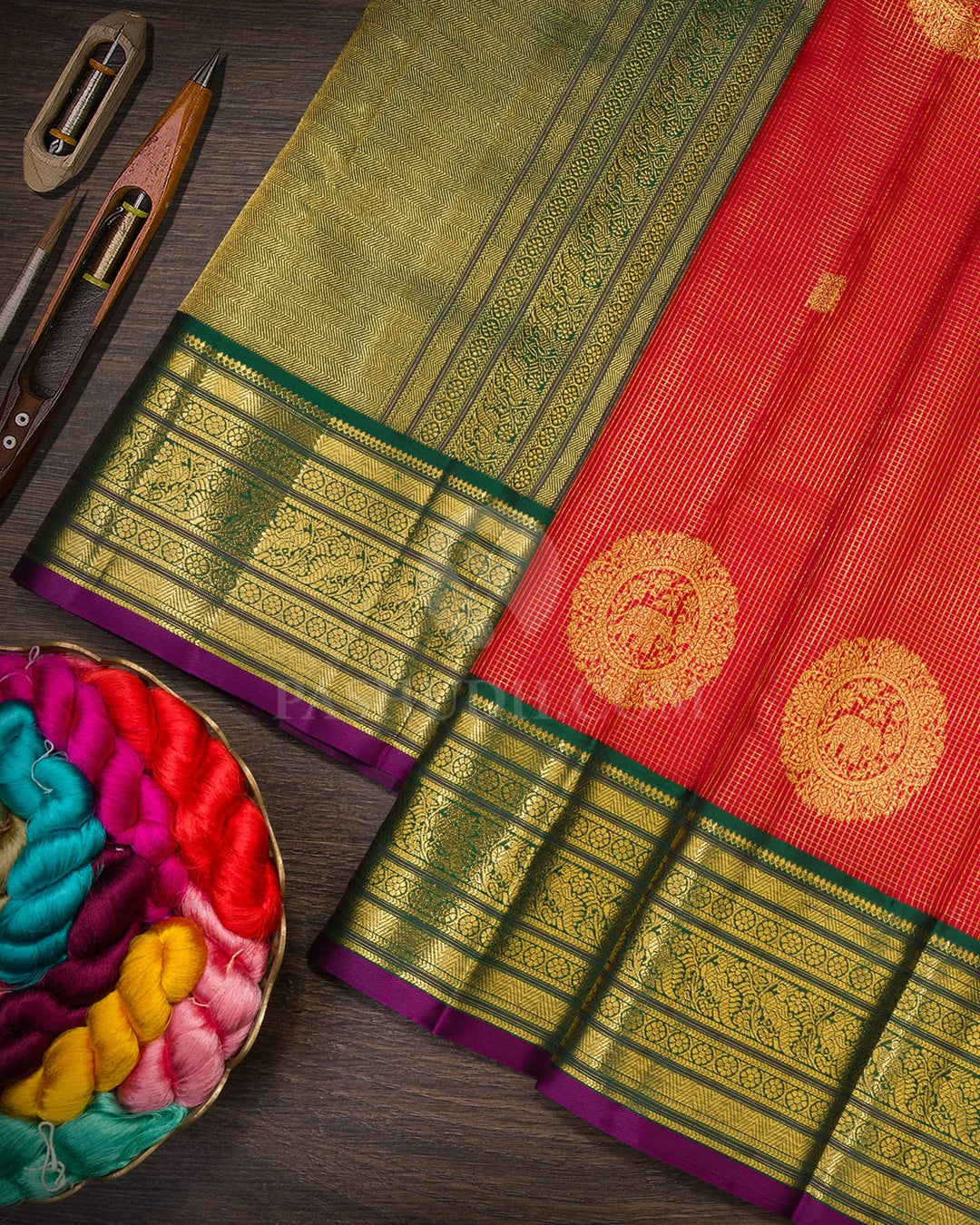 Red With Bottle Green Kanjivaram Silk Saree-S1583(B)